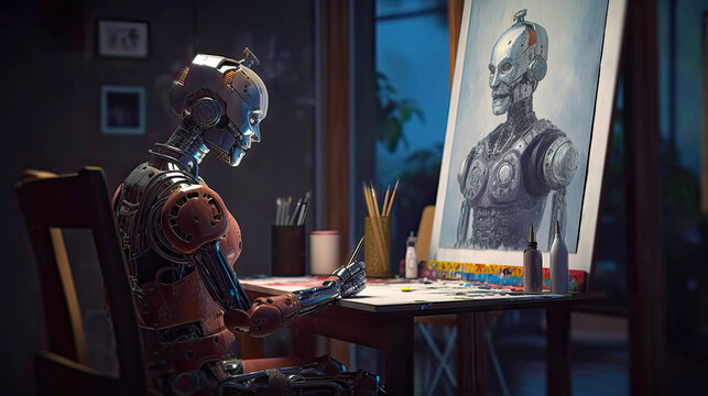AI humanoid robot artist painting self portrait. Postproducted generative AI illustration.