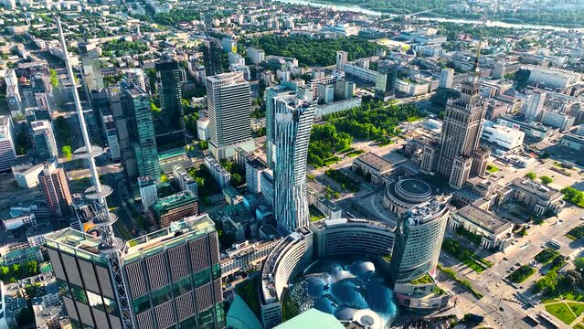Aerial view of Warsaw skyscrappers in the business center of the city, Poland