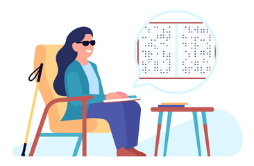 Blind woman reading Braille book at home. Disabled person sitting at armchair. Literature language for blindness. Education for handicapped people. Impaired eyesight. Vector concept