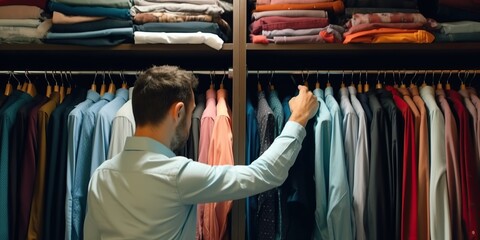 Fototapeta premium Man chooses clothes in the wardrobe, using both hands , concept of Personal Style, created with Generative AI technology