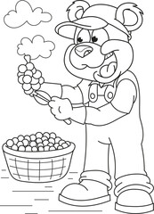 Coloring page outline of the cartoon smiling cute bear farmer with grapes. Colorful vector illustration, summer coloring book for kids.