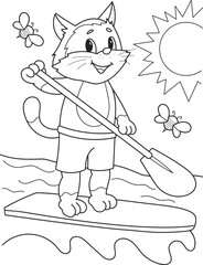 Coloring page outline of cartoon smiling cute cat on a paddle board. Colorful vector illustration, summer coloring book for kids.