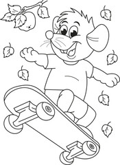 Coloring page outline of cartoon smiling cute mouse on a skateboard. Colorful vector illustration, summer coloring book for kids.