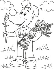Fototapeta na wymiar Coloring page outline of the cartoon smiling cute dog farmer. Colorful vector illustration, summer coloring book for kids.