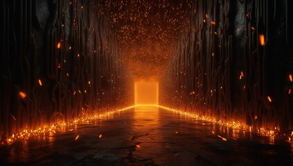 hallway with orange flames in the background