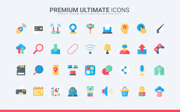 Upload, download and update data and geo location in mobile apps, cyber security of wireless network, virtual reality games. Web communication trendy flat icons set vector illustration