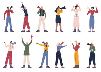Cartoon agitators. People with megaphones. Men and women broadcast in speakers. Loudly announcing persons. Different poses. Agitation and protest demonstration. Vector activists set