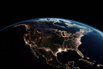 USA from space at night with city lights, AI - obrazy, fototapety, plakaty