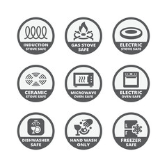 Electric, gas and induction stove safe label set. Dishwasher, microwave, electric safe labels for pots, pans and dishes.