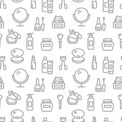 Cosmetics and make up line seamless pattern. Cosmetic products outline print for paper or else.