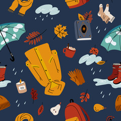 Cartoon autumn elements. Fall season seamless pattern. Cozy clothes. Shoes and warm socks. Seasonal objects. Umbrella for rainy weather. Raincoat and rubber boots. Garish vector background
