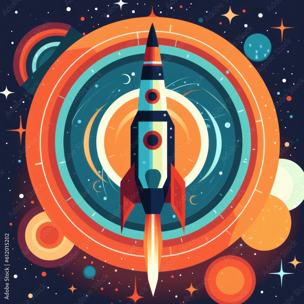Poster a rocket flying through a space filled with stars. generative ai image.