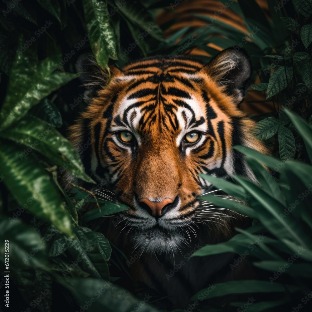 Poster a close up of a tiger in the jungle. generative ai image.