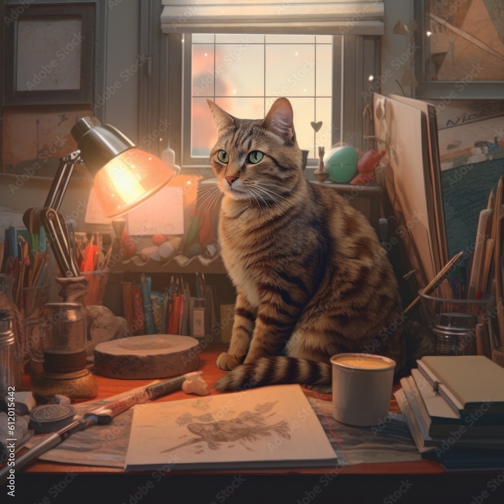 Aufkleber a cat sitting on top of a desk next to a lamp. generative ai image.