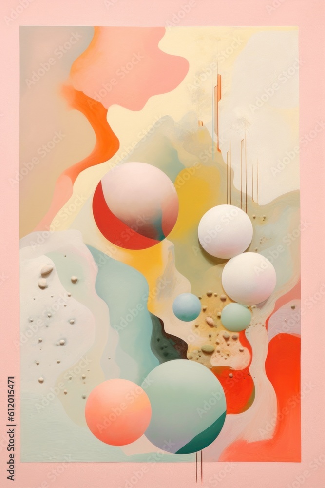 Poster an abstract painting with many different colored balls. generative ai image.