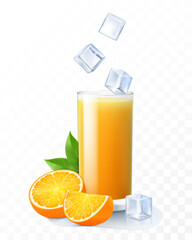 A glass of fresh orange juice with ice cubes falling into the glass. Cup of citrus smoothies with ripe orange, isolated on transparent background. Realistic 3d vector