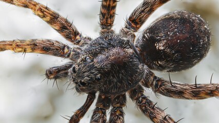 Wolf spider top view macrophotograph. Arachnid close up.  