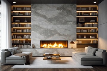 Living room marble wall with fireplace. Generate Ai