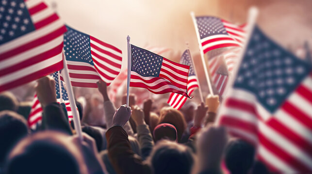 Crowd of people holding USA flags and cheering on demonstration. Postproducted generative AI illustration.