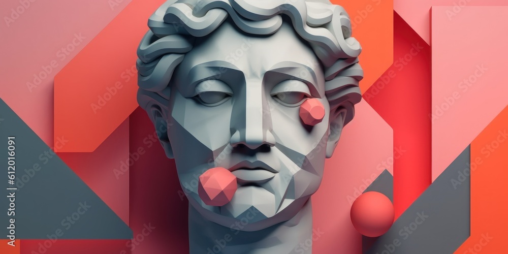 Poster a statue of a man with a red ball in his hand. generative ai image.