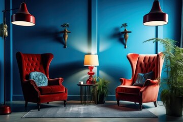 Blue wall red armchairs. Generate Ai