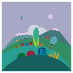 Green mountain valley vector illustration. Landscape poster and cover