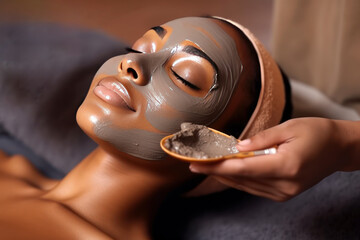 Cosmetician applying clay facial mask on young woman face, Skincare in a beauty salon. Generative AI