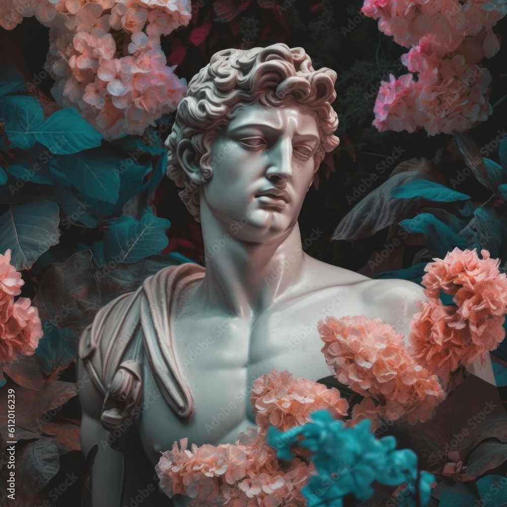 Poster a statue of a man surrounded by flowers. generative ai image.