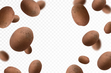 Falling potato, whole vegetables isolated on transparent background, selective focus. Realistic 3d vector illustration