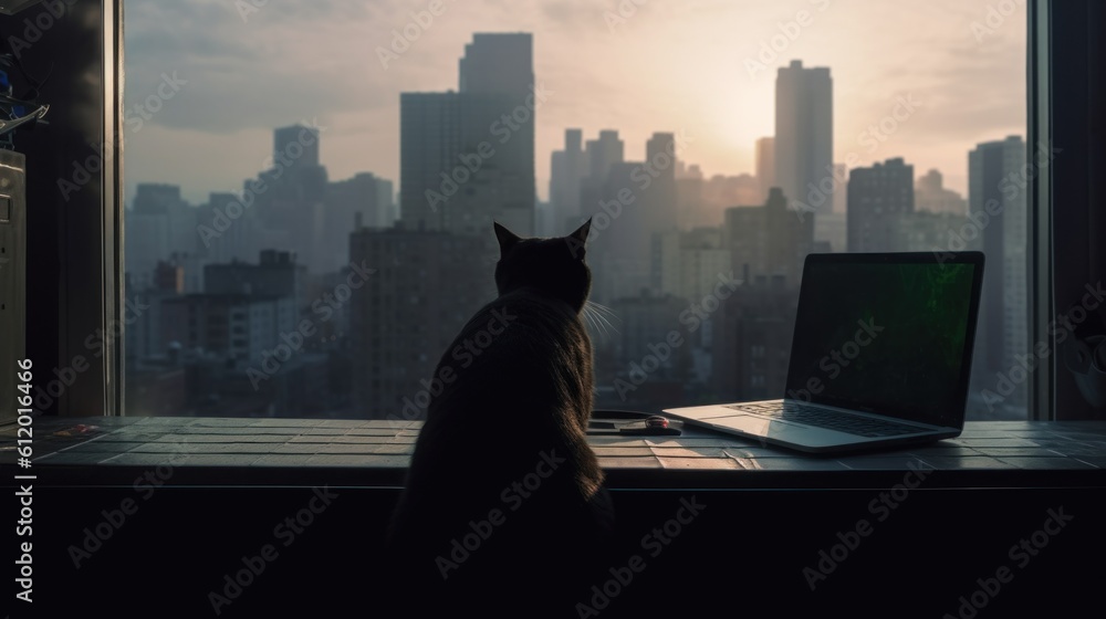 Aufkleber a cat sitting in front of a laptop computer. generative ai image.
