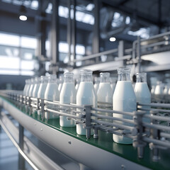 Supply Chain Optimization, glass milk bottles on a conveyor belt, AI Generated, Generative AI