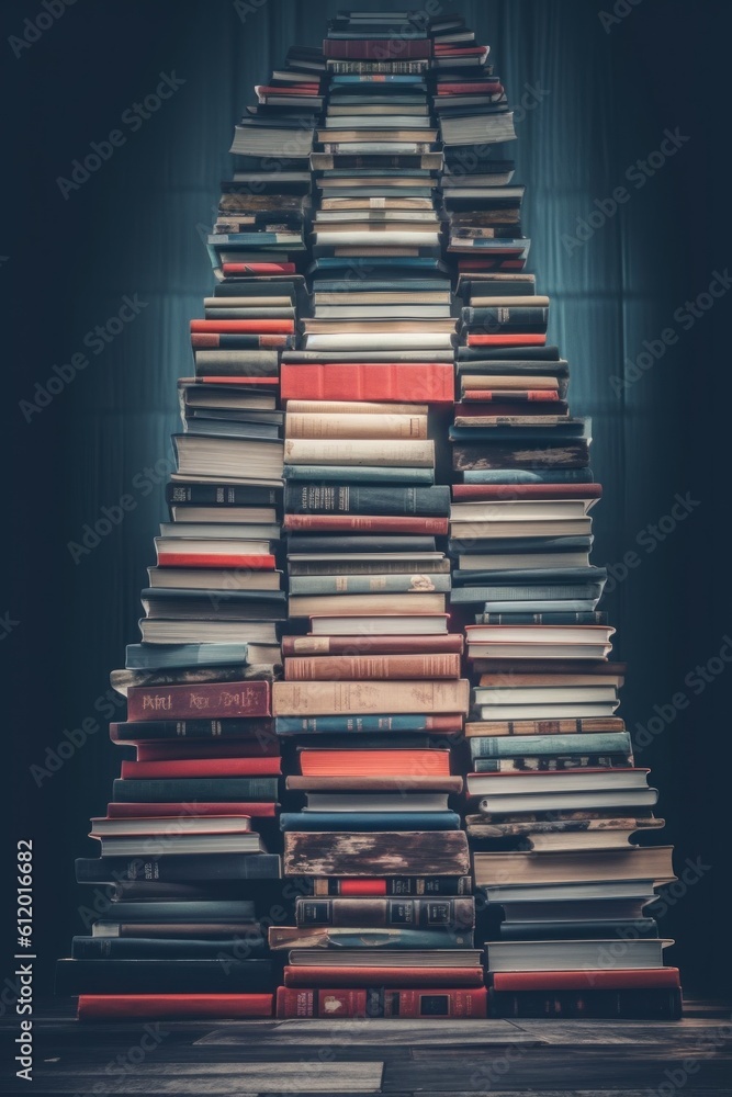 Poster a stack of books sitting on top of a wooden table. generative ai image.