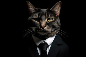 Black cat in business suit on black background, AI