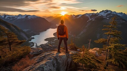 Photographer of travel and adventure capturing images of a spring sunset while hiking in the mountains. GENERATE AI - obrazy, fototapety, plakaty