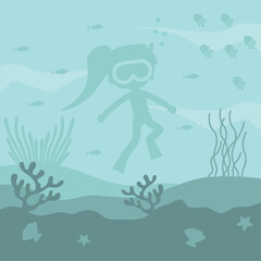 Fototapeta na wymiar Underwater life background illustration with cute diver character