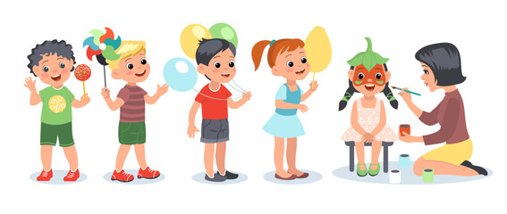 Kids funny makeup. Cute children standing in line for aquagrim. Female artist paints faces of boys and girls. Carnival party. Babies in queue. Holiday masquerade. Splendid vector concept
