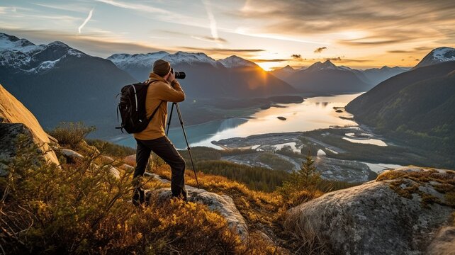 Photographer of travel and adventure capturing images of a spring sunset while hiking in the mountains. GENERATE AI