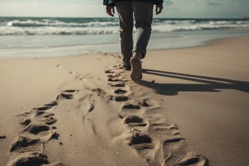 Man sea walk sand. Generate Ai