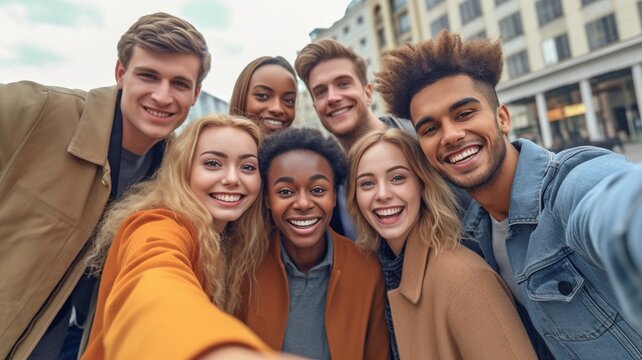 young individuals of different races taking selfies. GENERATE AI