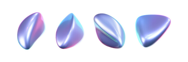3d holographic liquid shape, iridescent chrome fluid bubble set isolated on white background. Render of abstract holographic metal blob with rainbow gradient effect. 3d vector geometric illustration.