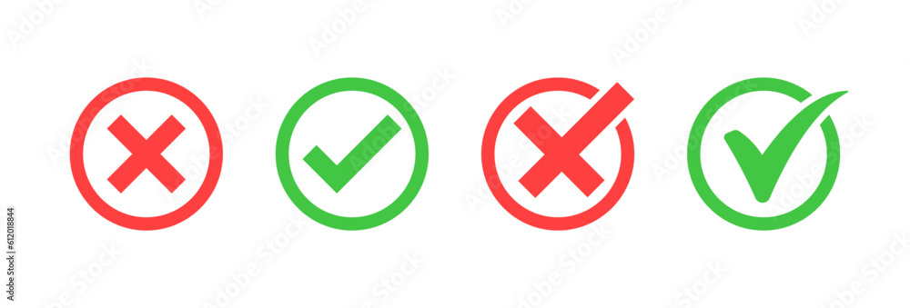 Aufkleber check mark icon button set. check box icon with right and wrong buttons and yes or no checkmark icons in green tick box and red cross. vector illustration