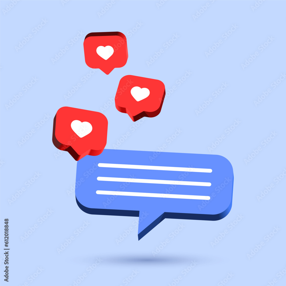 Poster 3d message chat speech bubble icon. heart in speech bubble icon , like social media notification ico