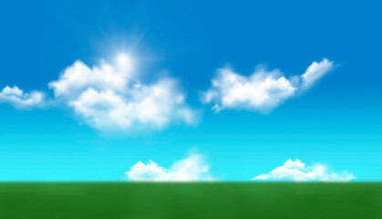 Cloudy sky of green fresh grass under blue sky