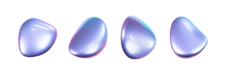 3d holographic liquid shape, iridescent chrome fluid bubble set isolated on white background. Render of abstract holographic metal blob with rainbow gradient effect. 3d vector geometric illustration