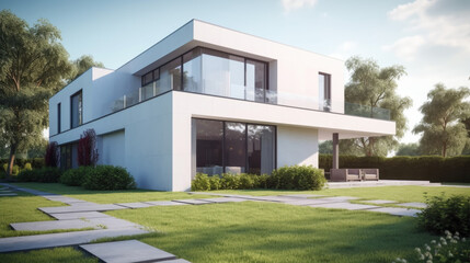 Modern white luxury house with large windows and garden
