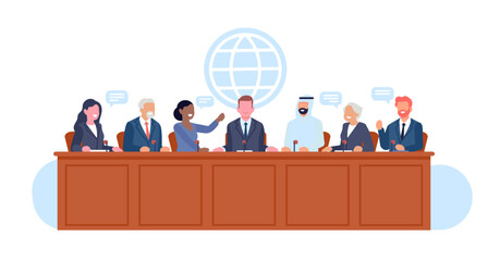 Politicians and corporate officials negotiate around common table. International deal. Multiethnic people group. Professional discussion. Political conference presidium. Vector concept - obrazy, fototapety, plakaty