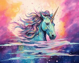 art unicorn in space . dreamlike background with unicorn . Hand Drawn Style illustration 