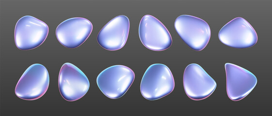 3d holographic liquid shape, iridescent chrome fluid bubble set isolated on dark background. Render of abstract holographic metal blob with rainbow gradient effect. 3d vector geometric illustration.