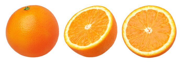 Orange fruit half and slices isolated, Orange fruit macro studio photo, transparent png, collection, PNG format, cut out