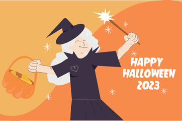 Vector illustration Happy halloween 2023 and witch cartoon 